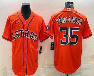 Men%27s Houston Astros #35 Justin Verlander Orange With Patch Stitched MLB Cool Base Nike Jersey